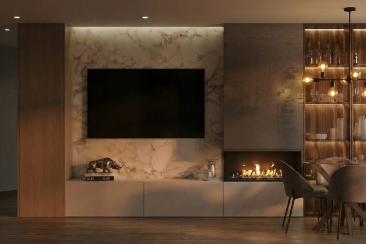 High-end interior design details in a Costa del Sol living room with textured walls, fireplace and bespoke finishes