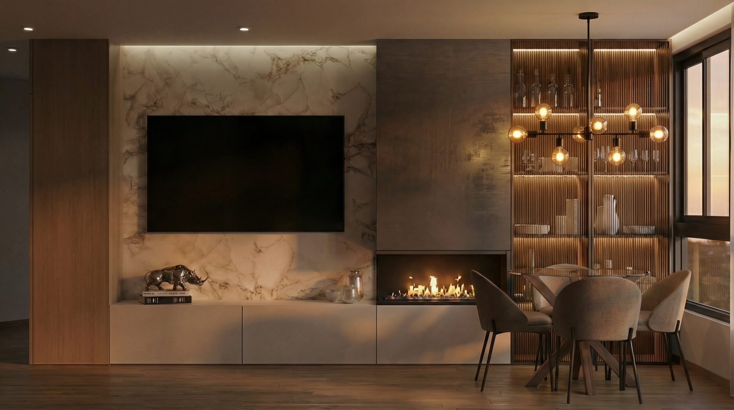 High-end interior design details in a Costa del Sol living room with textured walls, fireplace and bespoke finishes